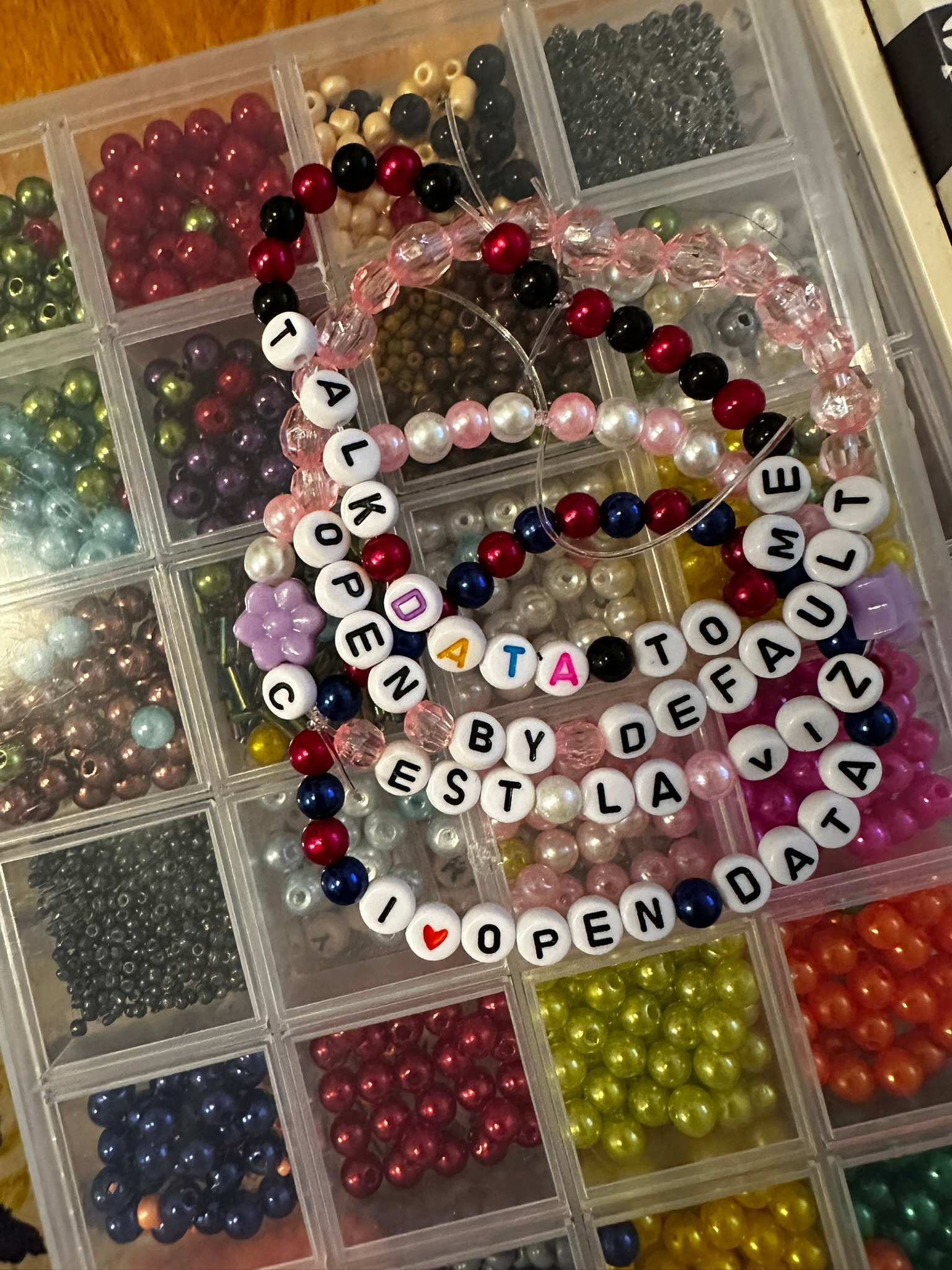 Four friendship bracelets with the text: Talk Data to me, open by default, c’est la viz and I ❤️ open data